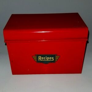 Vintage red metal recipe box